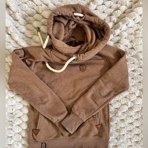 Naketano hoodie in a brown melange color with a cowl neck and white rope